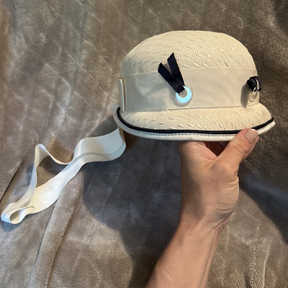 Cream And Navy Blue 50S/60S Bucket Hat With Ribbon Union Made Usa